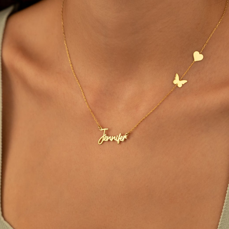Birth Flower Necklace - Gepersonaliseerde Aangepaste Vlinder Hartvorm Naam Kettingen
