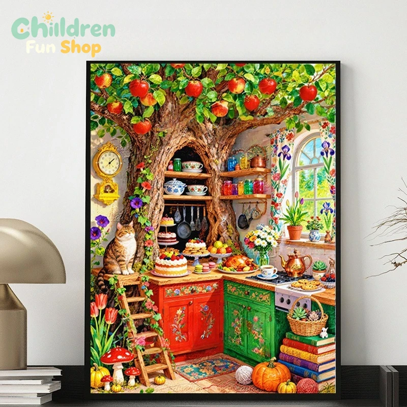 Photo Mosaic Print - Speelse keuken met boomhut en kat